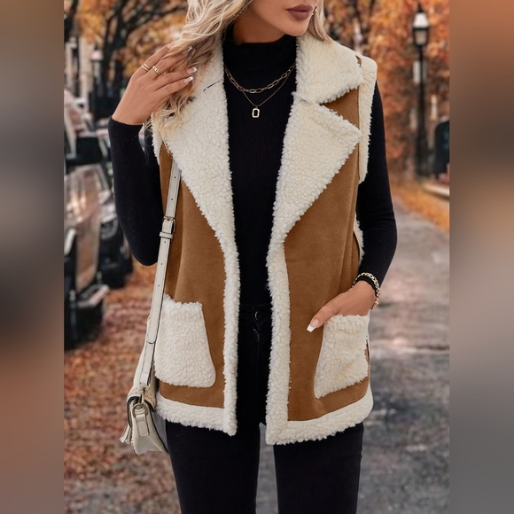 Just Jen Jackets & Blazers - Women's Brown and Cream Sherpa Vest